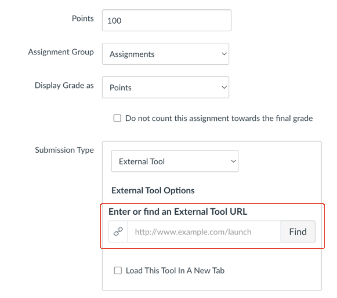 The assignment creation menu, where the "External Tool URL" is highlighted, prompting the user to add their own custom link.