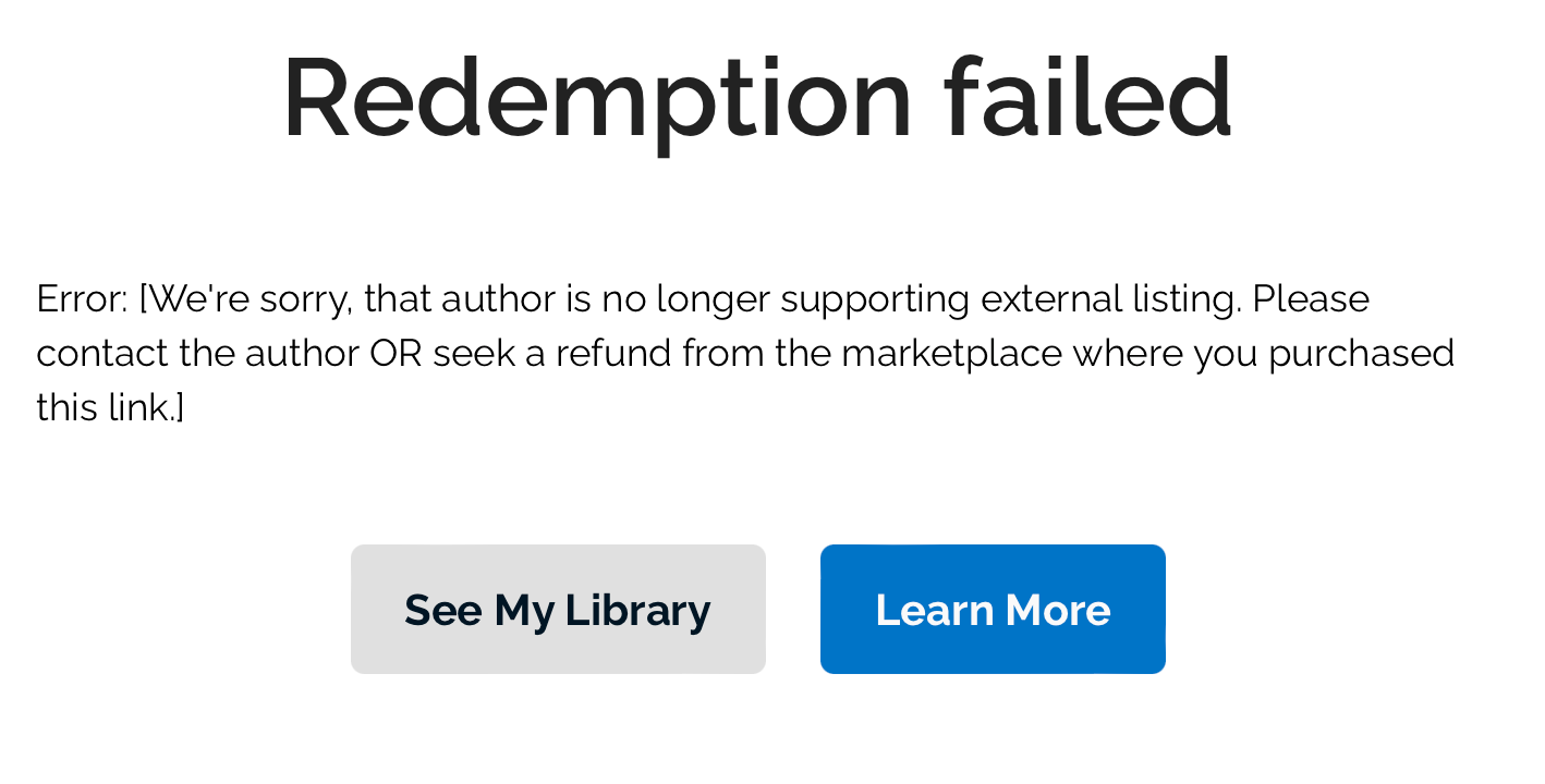 Image of Redemption failed error message when customers try to redeem through link.