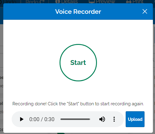 Image of Voice Recorder with 30 seconds of audio recorded.