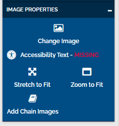 An image of the image properties section with options for "change image", "accessibility text", "stretch to fit", "zoom to fit", and "add chain images".