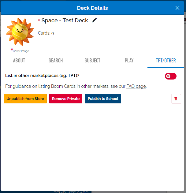 Image of external marketplace redemption links turned off in Deck Details.