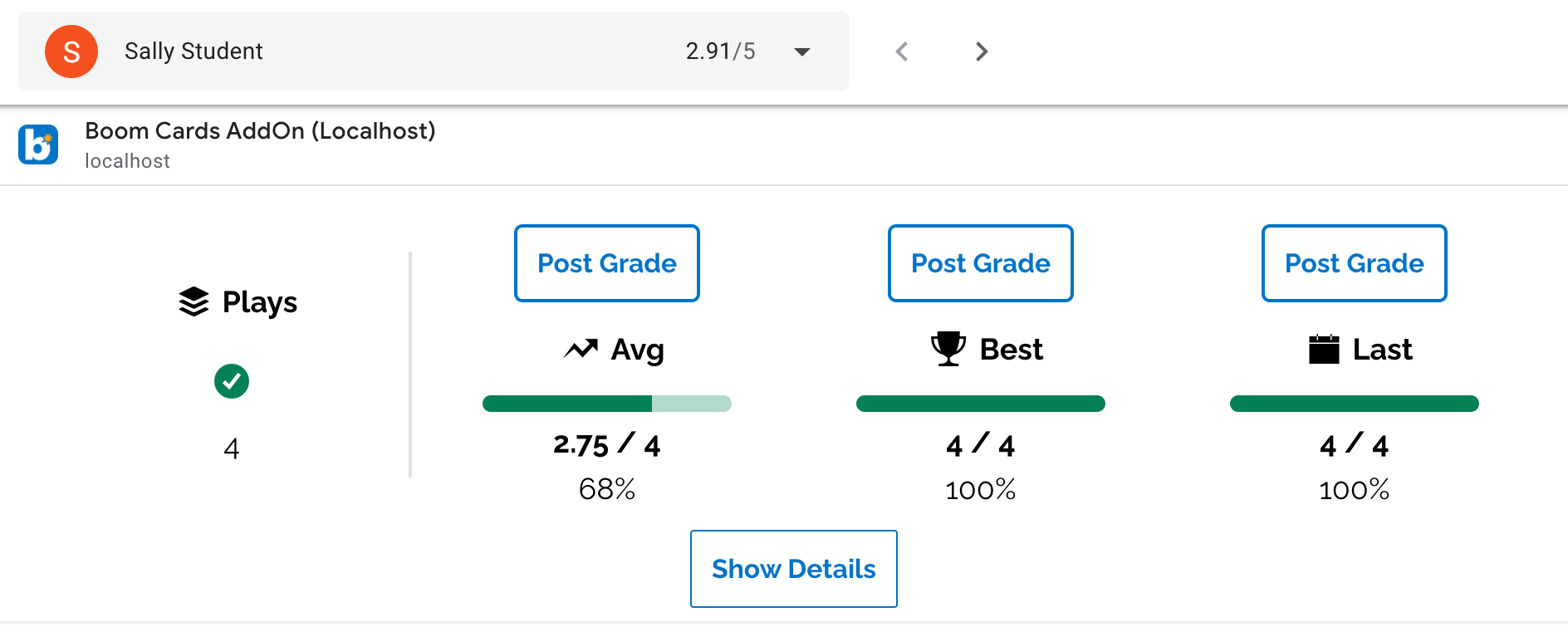 An example student being graded within a learning deck. This example shows the number of "Plays, and their average, best, and last grade given.