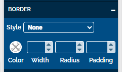 An image of the border section with options for "color", "width", "radius", and "padding".
