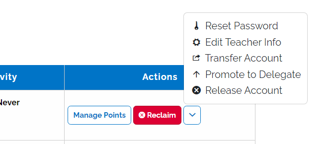 Image of different action options that can be performed to a teacher's account.