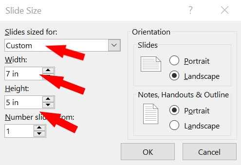 Image of Custom Slide Size Default Settings with red arrows pointing at widescreen, width, and height options.