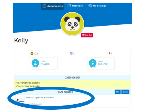 An image of a student profile highlighting the lower section on the page labelled "decks assigned".