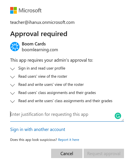 An image the Microsoft "approval required" screen, sending a request to your admin to allow Boom permissions.