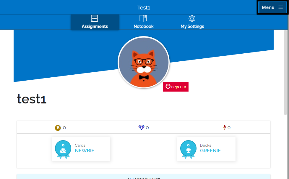 An image of the student dashboard. The menu button is in the top right.