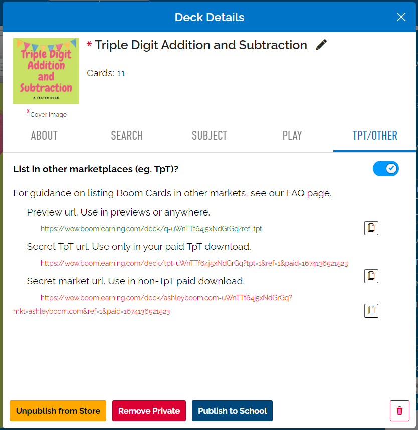 Image of Other marketplace URLs in Deck Details.