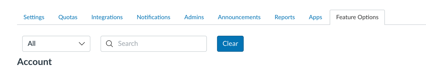 A list of many different tabs, this one highlighting the "Feature Options" tab.
