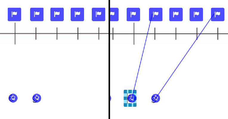 Image of drop zone on every notch on the number line, and the draggable numbers' hand icons pointing to different drop zones on the number line.