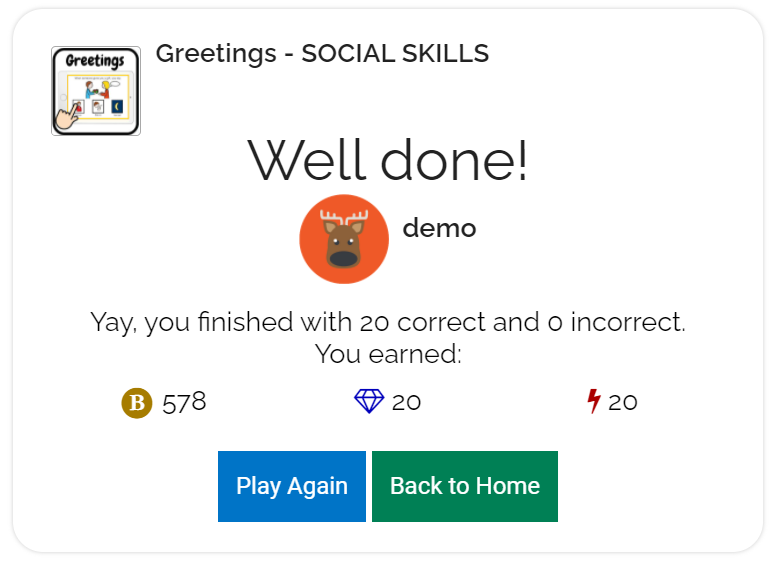 An image showing the end screen of a deck. It shows how many coins, gems, and bolts were earned and has a "play again" and "back to home" button.