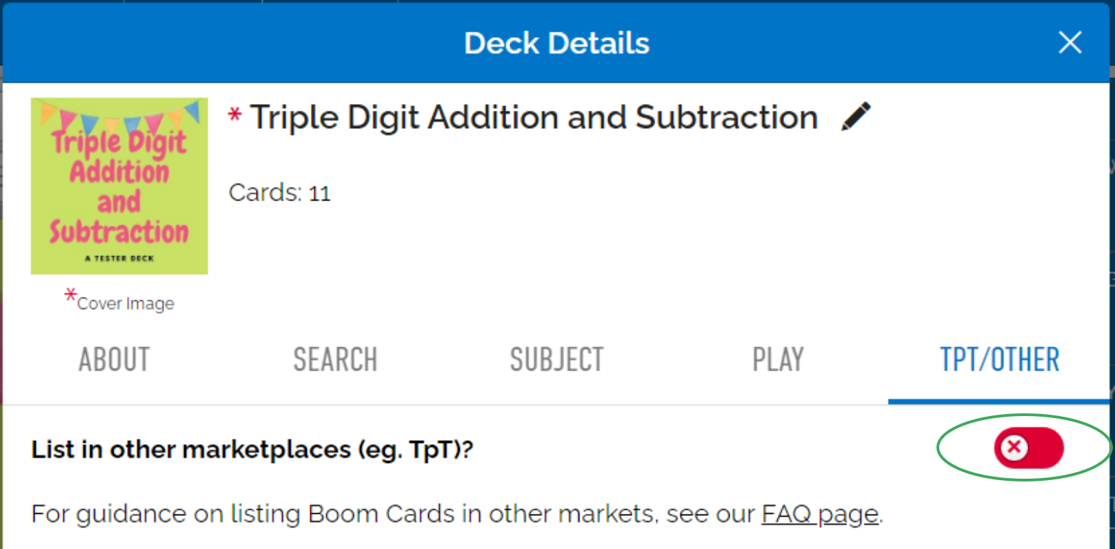 Image of Option to List in other marketplaces circled red in Deck Details.