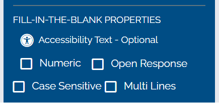 Image of Fill-in-the-Blank Properties box with an Accessibility text option.