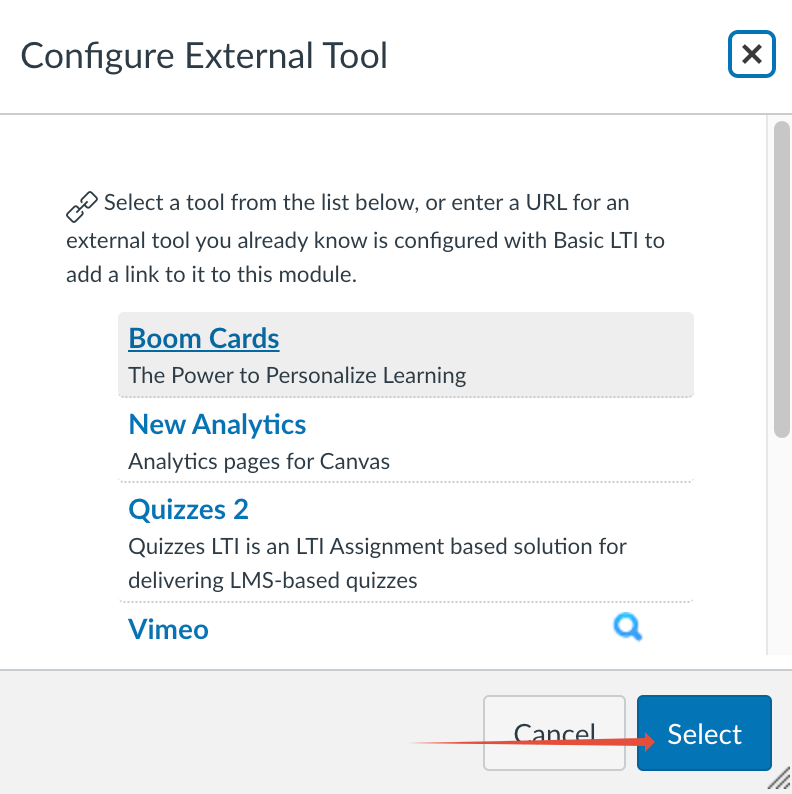 The "Configure External Tool" page, showing where to confirm your selection with the "Select" button.