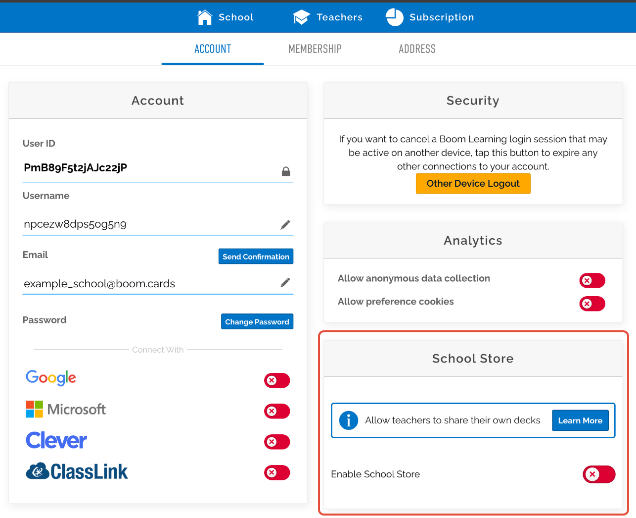 Image of School Account Settings School Library Toggle.