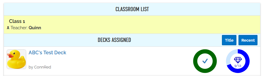 An image of the classroom list and the decks assigned list.
