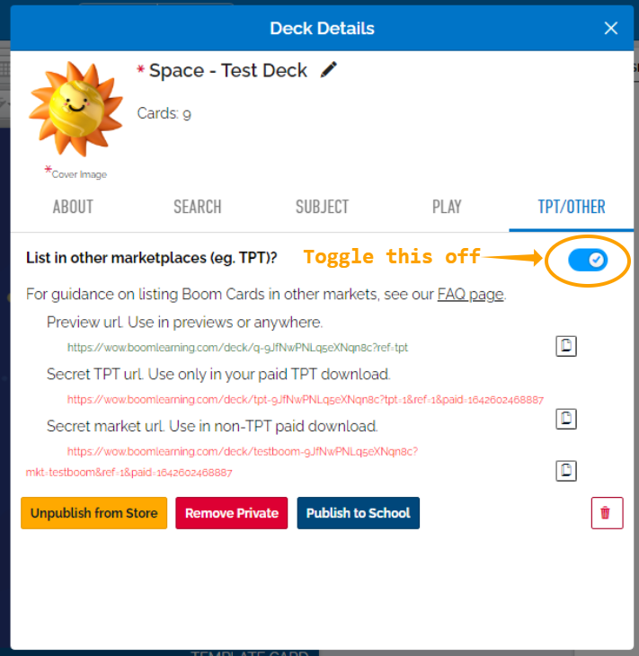 Image of turning off List in other marketplace option in Deck Details.