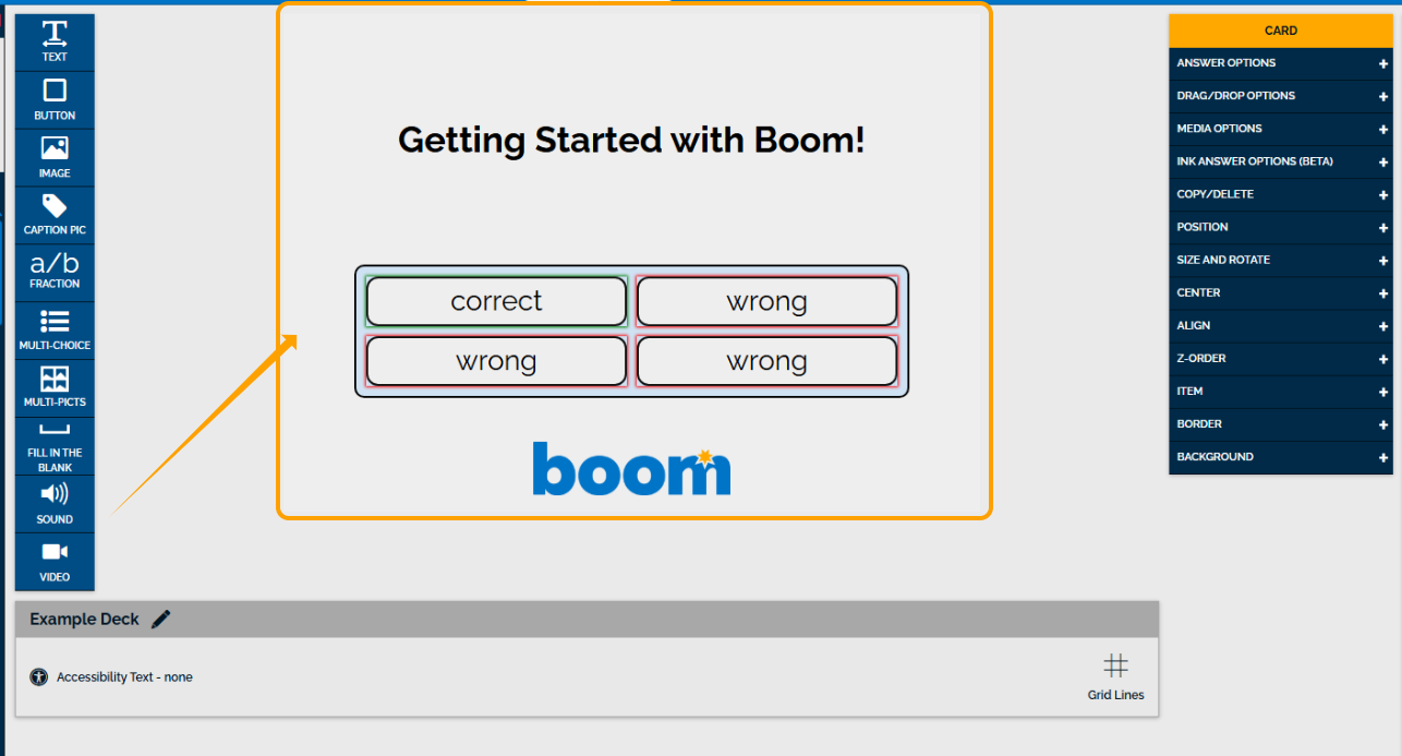 An image of the current card in the center of the screen, the thin toolbar to the left, and the card editing toolbar to the right.