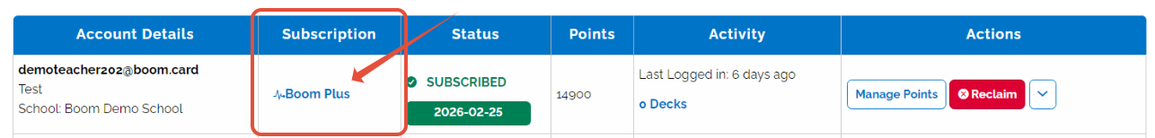Image of Subscription level that a teacher's account has.