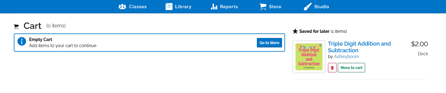 An image of the cart with zero items. To the right is a "saved for later" section with a single deck in it. The deck has a trash icon button and a button for "move to cart".