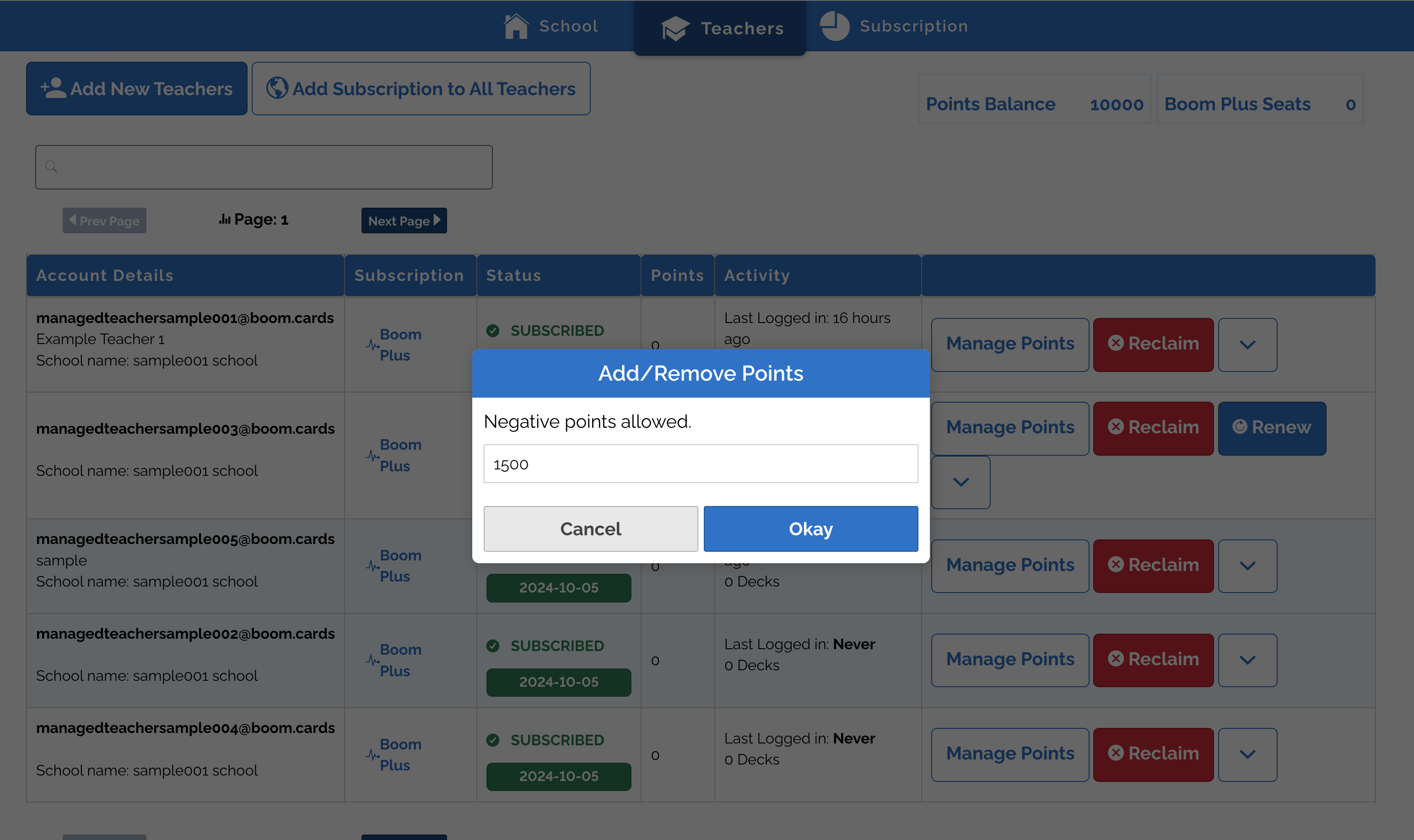 A popup, prompting the user to "Add/Remove Points", with this example adding "1500" points.