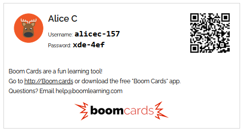 An image of a login card containing the password under the username, and a QR code at the top right.