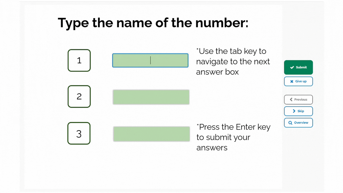A gif of a card with three fill in the blank text boxes. it shows the user typing in one box, then tabbing to the next and repeat.