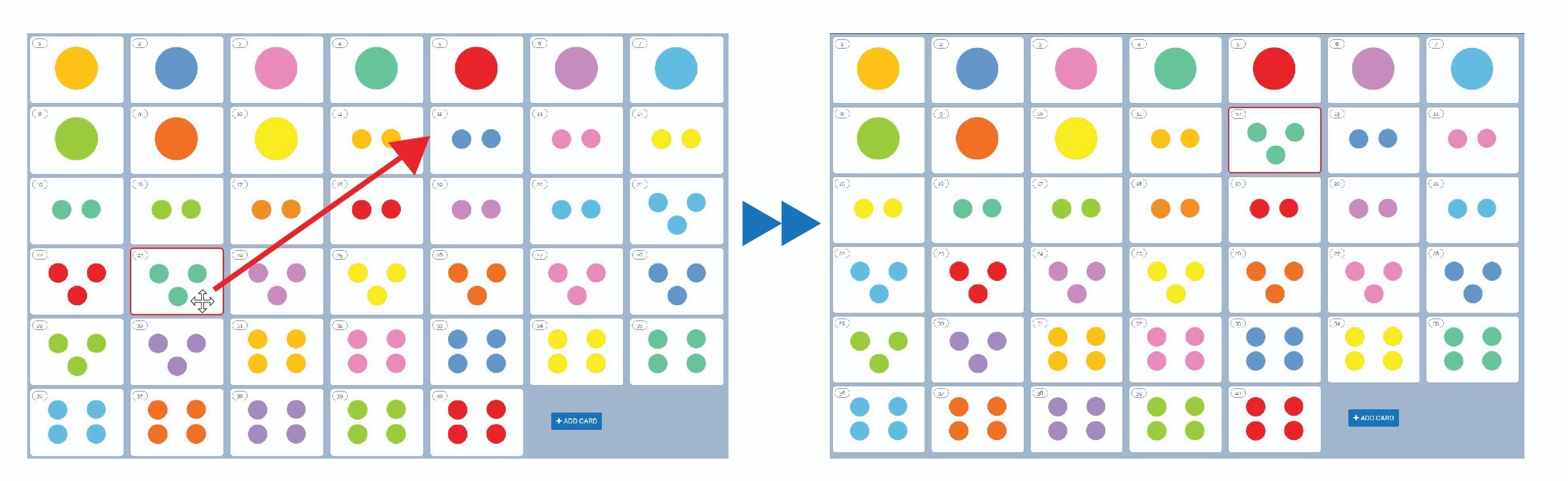 An image of cards with various colored circles on them showcasing moving the card to a new spot in the deck.