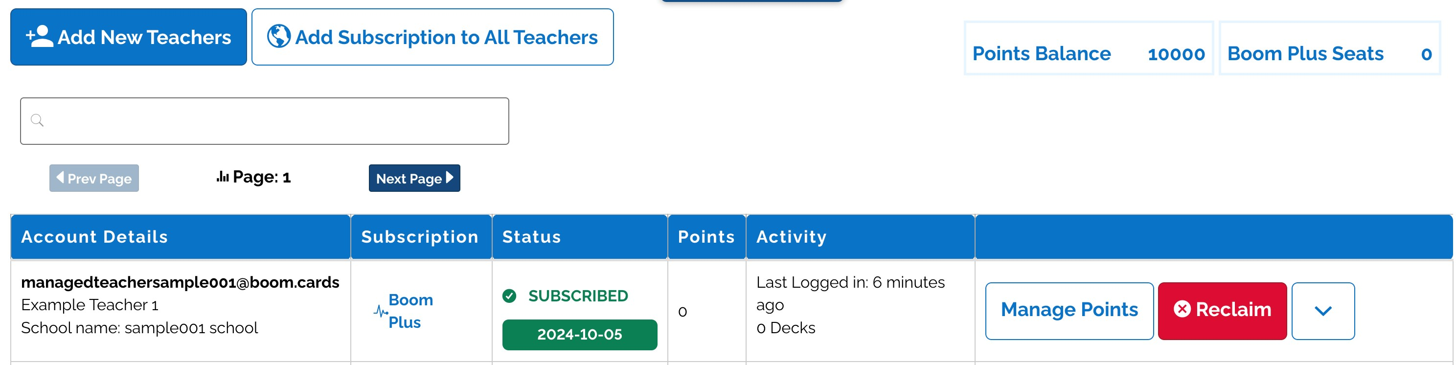 An example "Teacher" tab, providing account details on the subscription to Boom Learning.