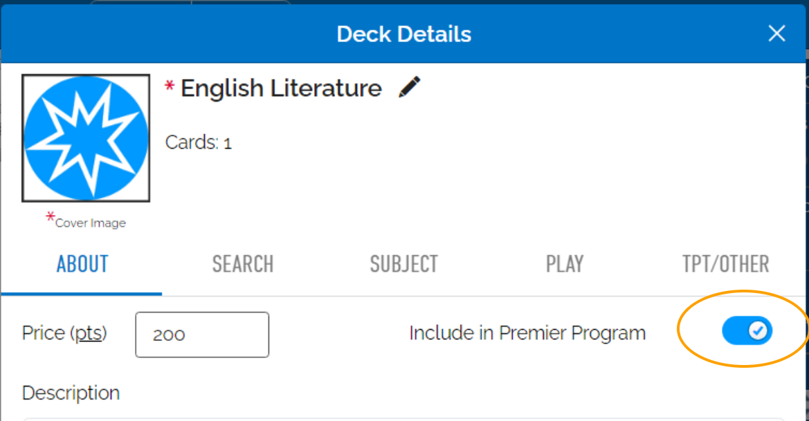 Image of Premier Program option circled in Deck Details.