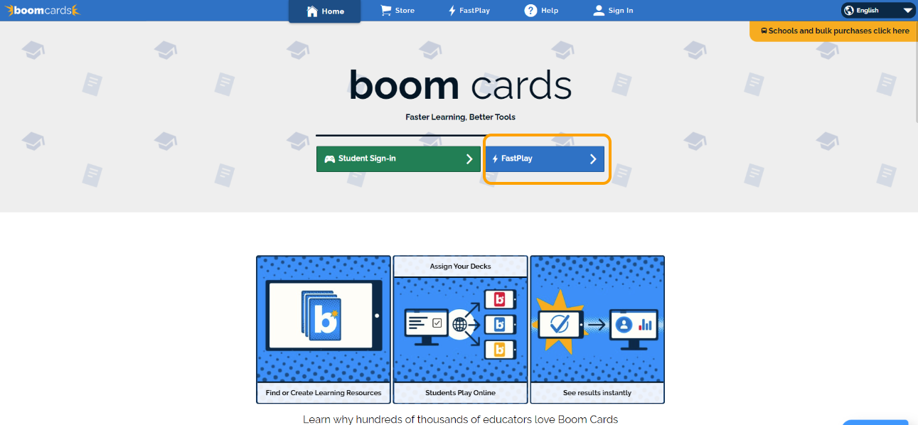 An image of the Boom Cards homepage, highlighting the "fastplay" button.